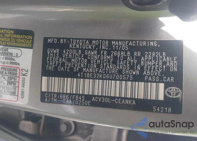 4T1BE32K06U700575: 42989666