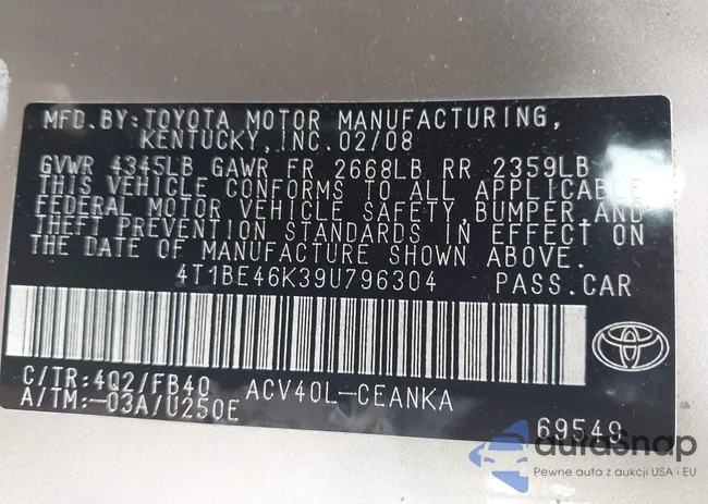 4T1BE46K39U796304: 42989077