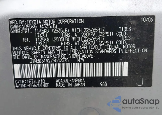 JTMBD31V275062375: 42991558