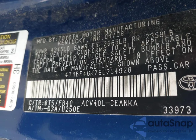 4T1BE46K78U254928: 42991281