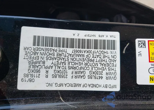 1HGCV1F30KA160657: 42993712