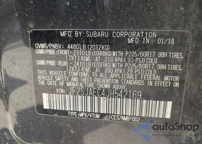 JF2SJAEC4JH542169: 42993041