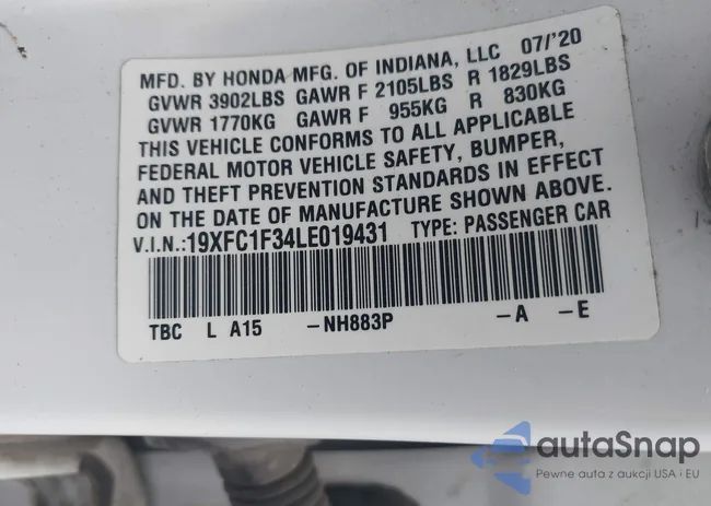 19XFC1F34LE019431: 42994661