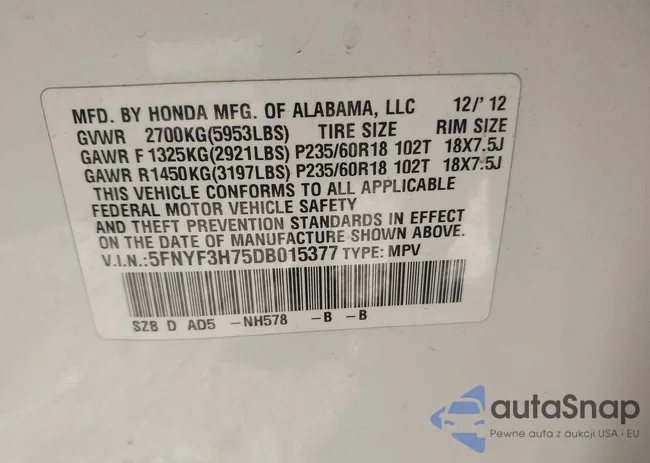 5FNYF3H75DB015377: 42995930