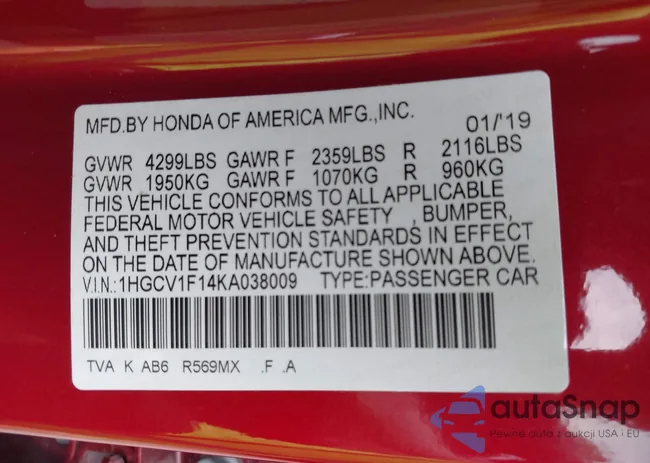 1HGCV1F14KA038009: 42996257