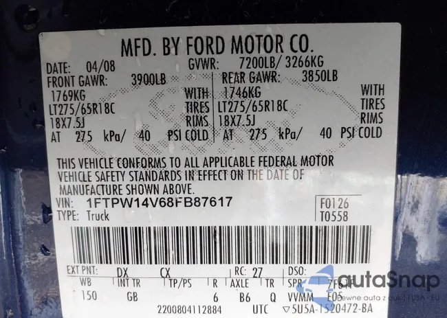 1FTPW14V68FB87617: 42996989