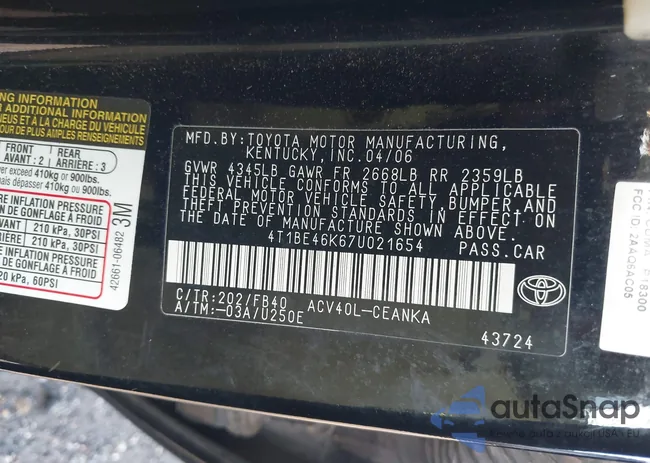 4T1BE46K67U021654: 42998364