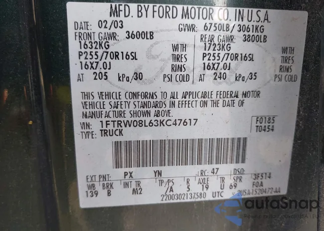 1FTRW08L63KC47617: 43000578