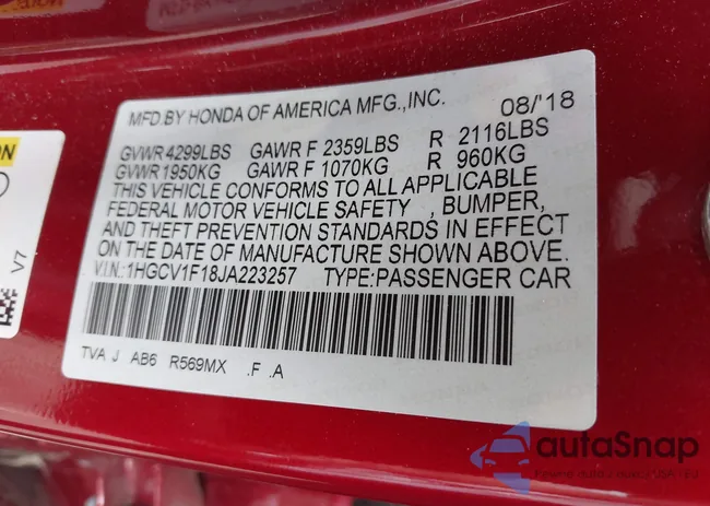 1HGCV1F18JA223257: 43000622