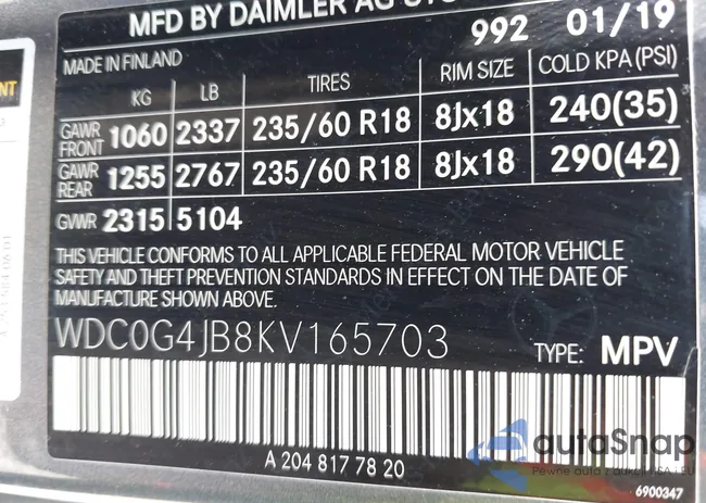 WDC0G4JB8KV165703: 43000712