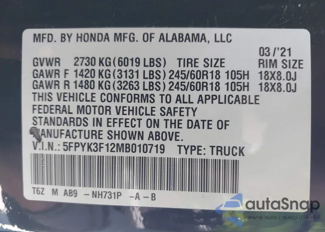 5FPYK3F12MB010719: 43001672