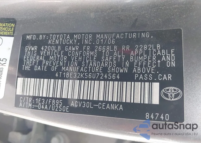 4T1BE32K56U724564: 43001771