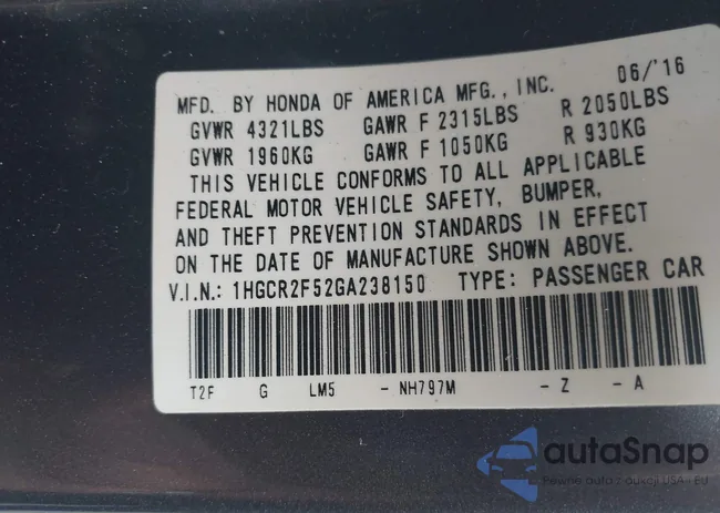 1HGCR2F52GA238150: 43001237