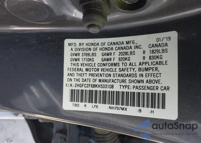 2HGFC2F68KH533108: 43001254