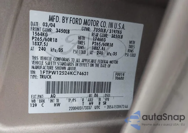 1FTPW12524KC74631: 43003476