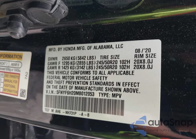 5FNYF6H20MB012053: 43003524