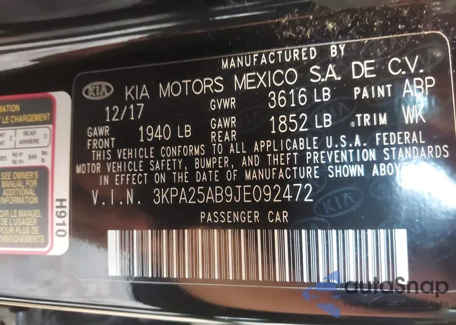 3KPA25AB9JE092472: 43003660