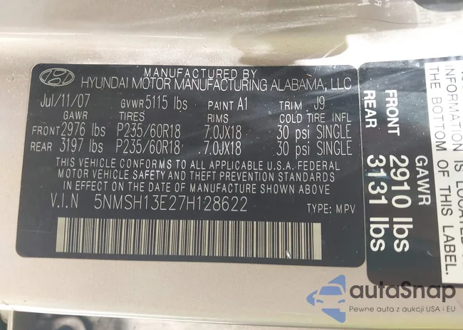 5NMSH13E27H128622: 43003043