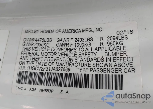 1HGCV2F31JA027569: 43003189