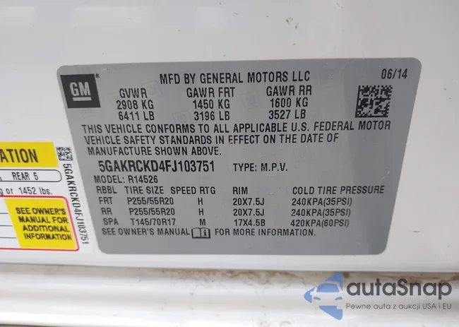 5GAKRCKD4FJ103751: 43004729