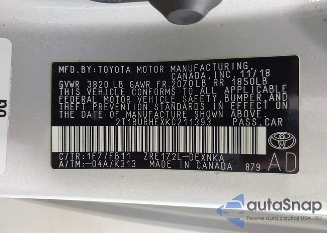 2T1BURHEXKC211393: 43005383