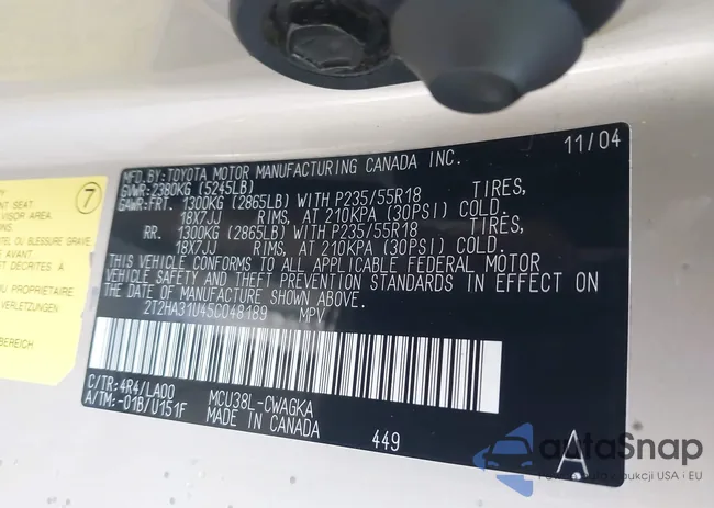 2T2HA31U45C048189: 43005486