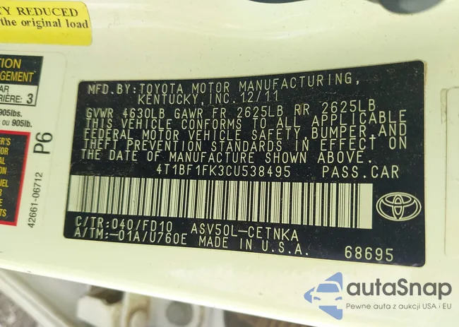 4T1BF1FK3CU538495: 43005713