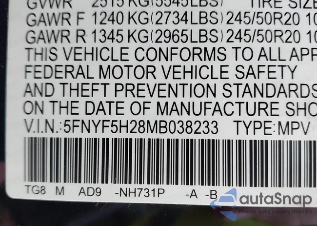 5FNYF5H28MB038233: 43006554