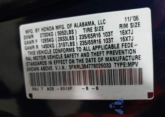 5FNRL38477B026033: 43006009