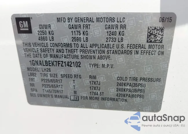 1GNALBEK7FZ142102: 43007337