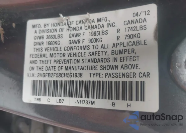 2HGFB2F58CH561938: 43007637