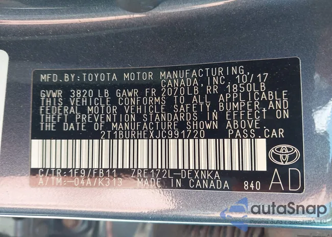 2T1BURHEXJC991720: 43007100