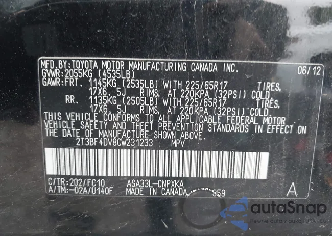 2T3BF4DV8CW231233: 43008002