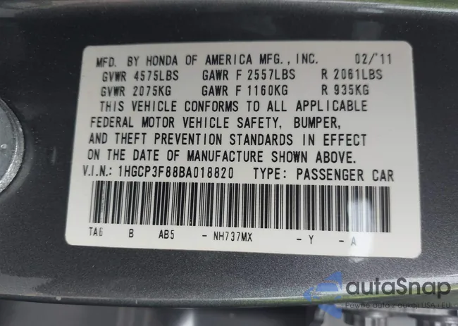 1HGCP3F88BA018820: 43009299