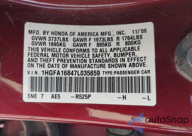 1HGFA16847L035659: 43009310