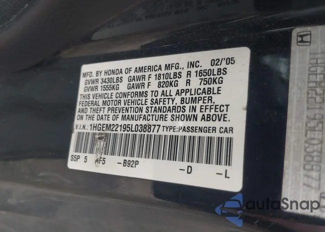 1HGEM22195L038877: 43009615