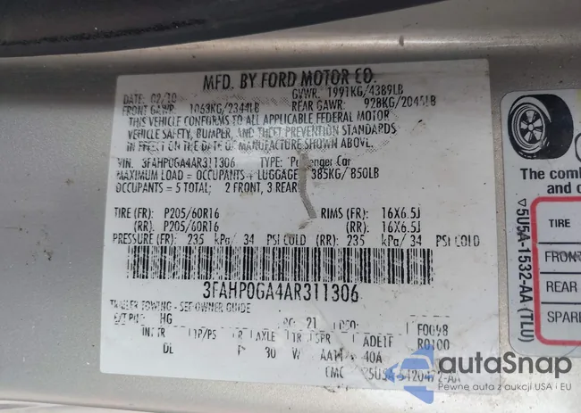 3FAHP0GA4AR311306: 43009689