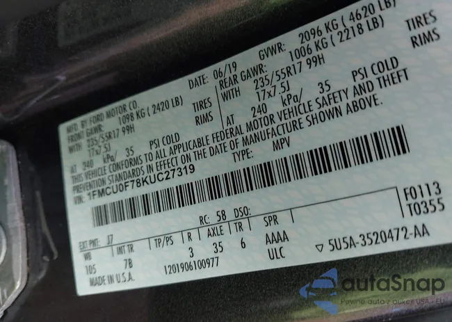 1FMCU0F78KUC27319: 43009730