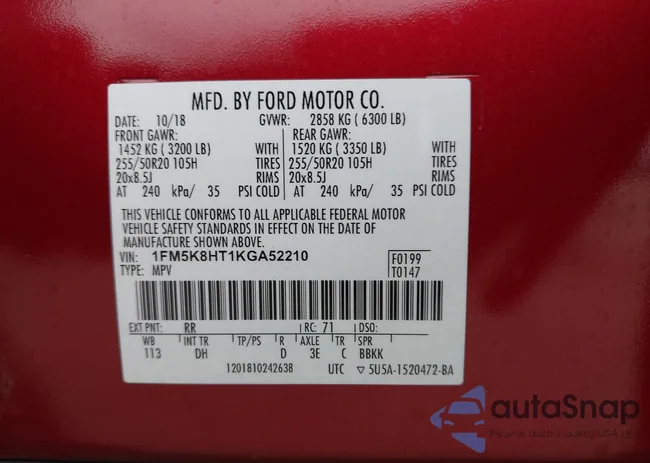 1FM5K8HT1KGA52210: 43009837