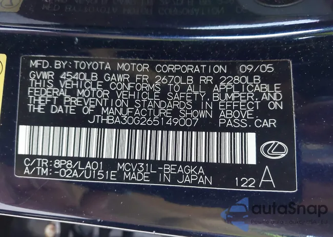 JTHBA30G265149007: 43008920