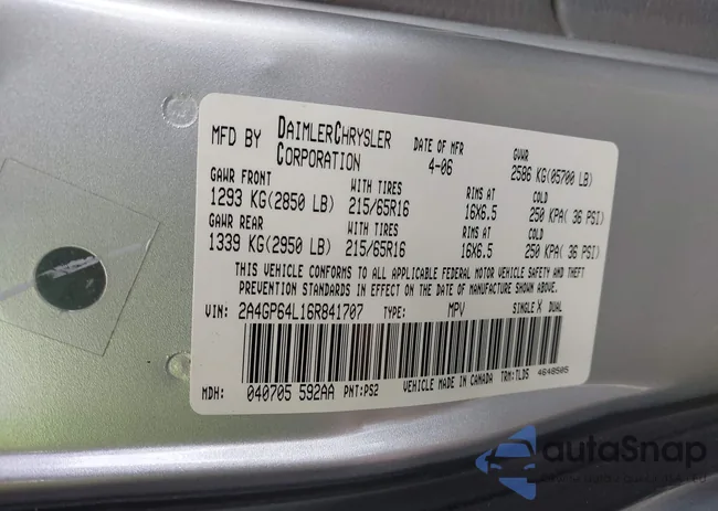 2A4GP64L16R841707: 43009049