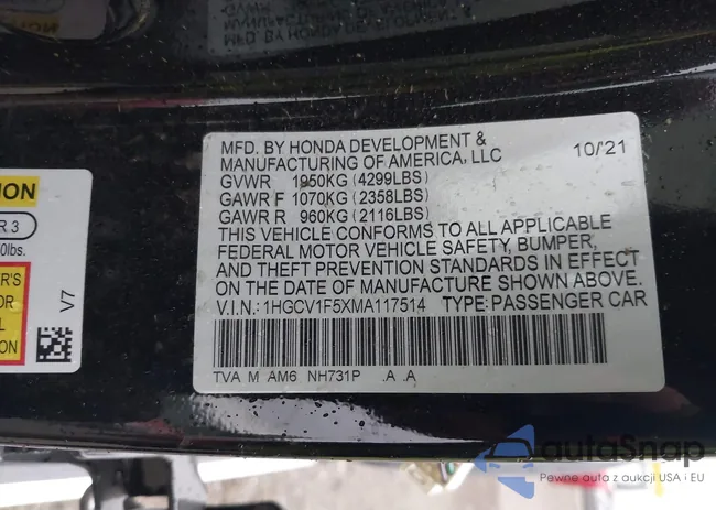 1HGCV1F5XMA117514: 43009191