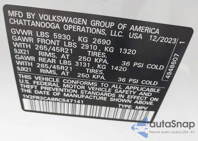 1V2FR2CA8RC547141: 43010314