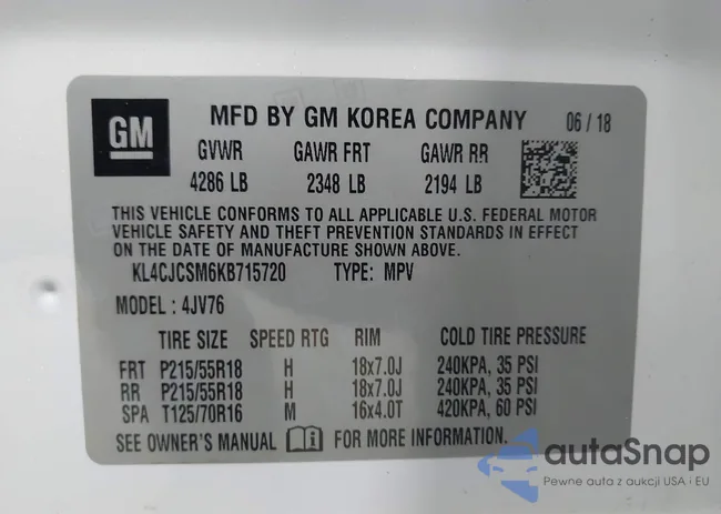 KL4CJCSM6KB715720: 43009899