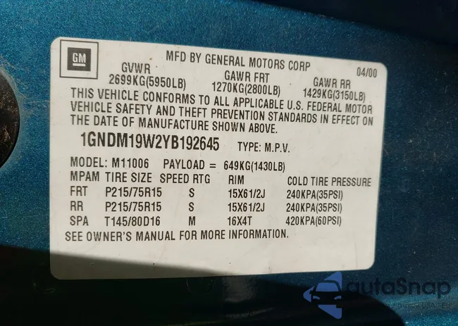 1GNDM19W2YB192645: 43010186