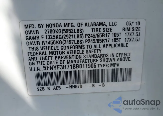 5FNYF3H71BB011906: 43011337