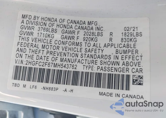 2HGFC2F67MH543762: 43012504