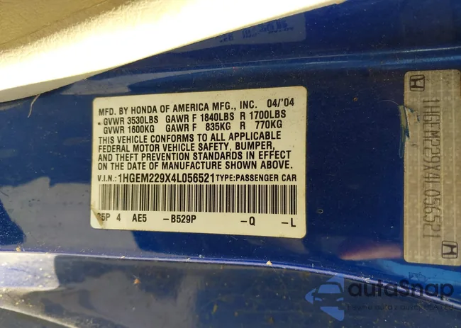 1HGEM229X4L056521: 43012059