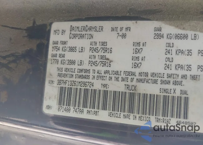 3B7HF13Z61M296724: 43012226