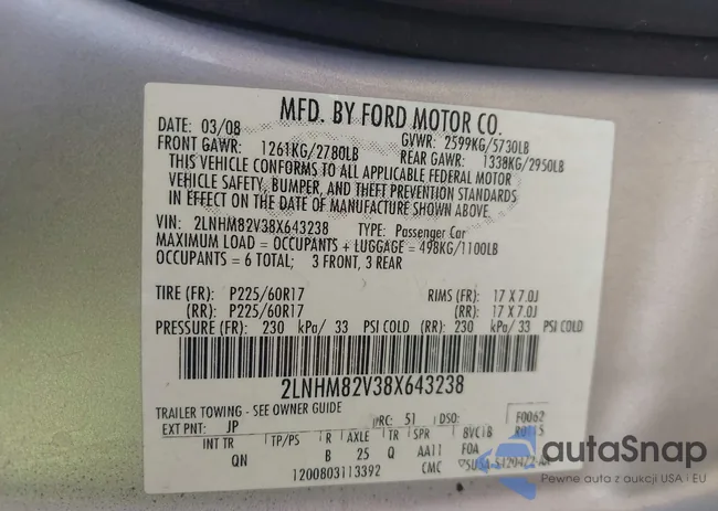 2LNHM82V38X643238: 43012283